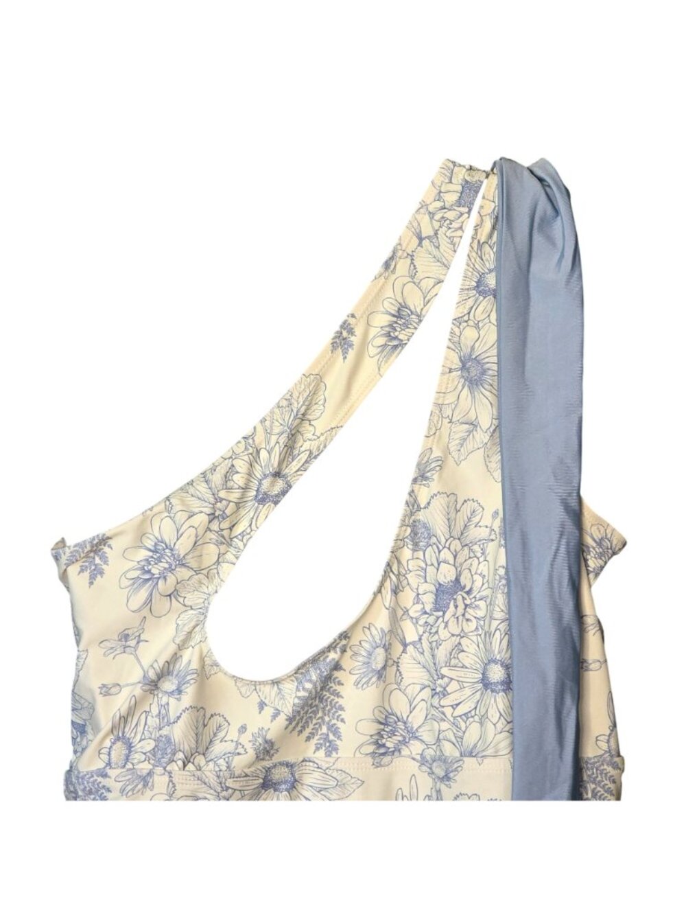 Blue White One Shoulder Floral Swimsuit XL Ruched Tummy Control Lined Grecian - Picture 6 of 11